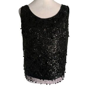 Vintage 1960s-70s Black Sequin Beaded Fringe Embellished Top Holiday New Years